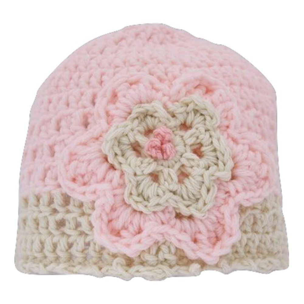 Homemade Hand Crocheted Pink & Beige Flower Beanie Winter Hat - Picture 2 of 2